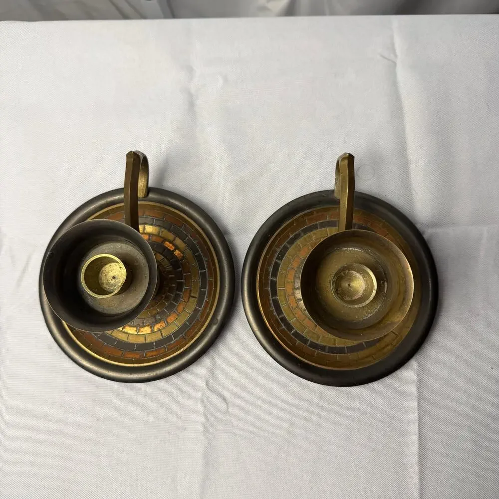 VTG Pair Brass Chamberstick Candle Holders Mosaic Inlay India Finger Loop Global